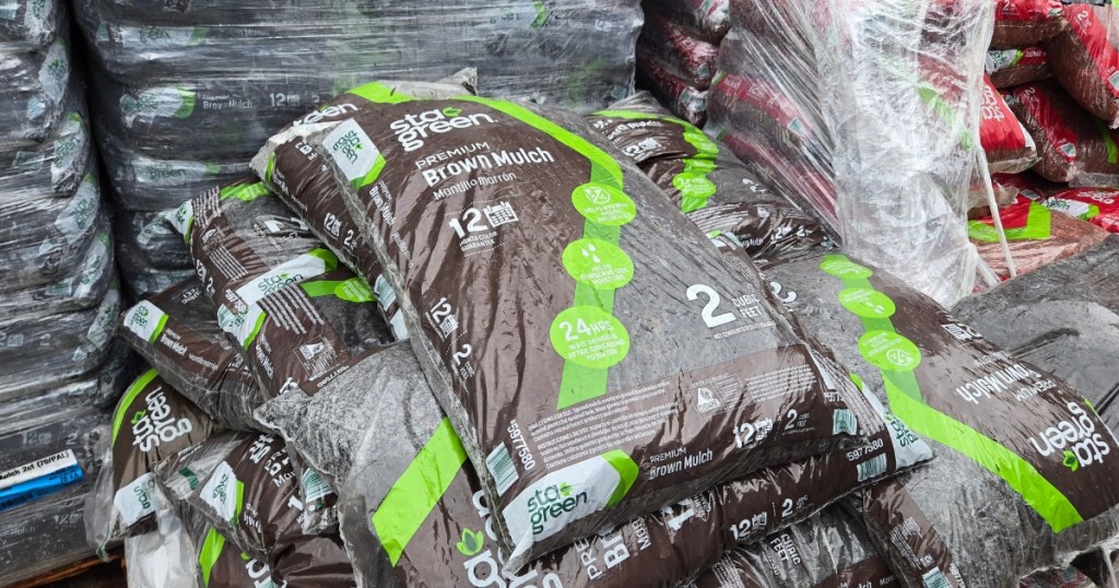 bags of mulch stacked at Lowe's