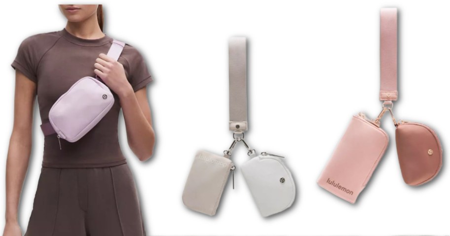 Stock images of a woman wearing a lululemon belt bag and two lululemon dual pouch wristlets