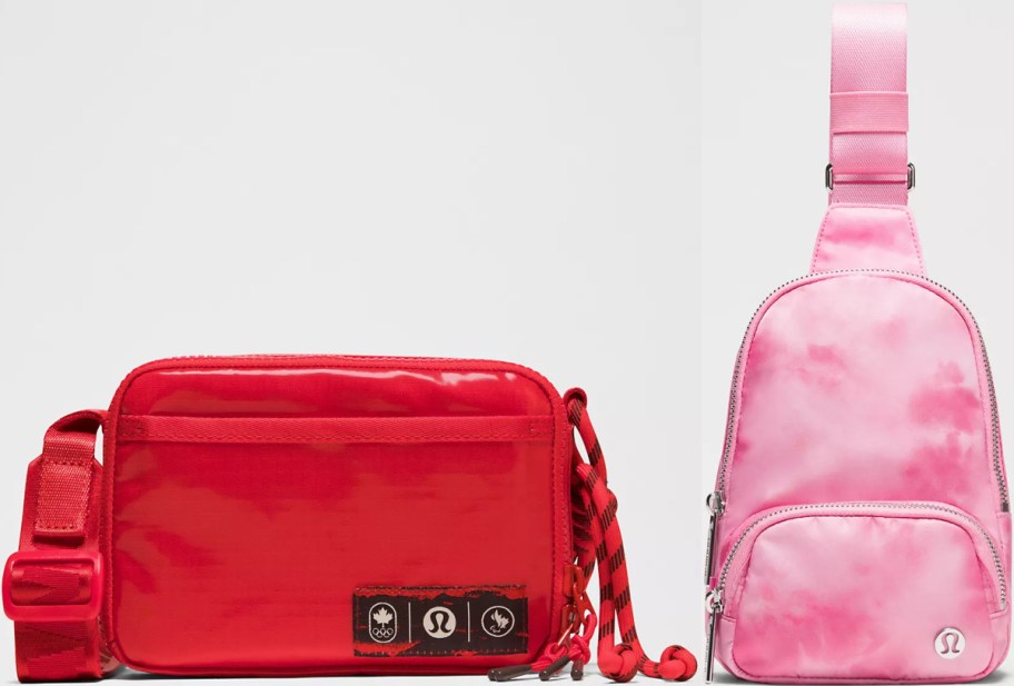 Two bags displayed side by side: one is a glossy red crossbody bag with a logo and adjustable strap, and the other is a pink tie-dye sling bag with a zipper compartment.