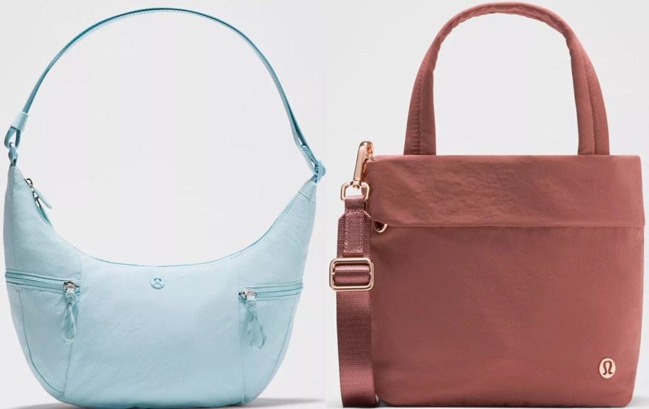 Two bags are shown: a light blue shoulder bag on the left with two front zip pockets, and a brown tote-style bag on the right with a larger main compartment and an adjustable strap.
