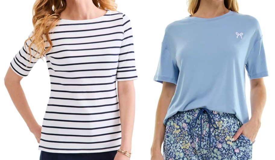 women in striped shirt and blue t shirt