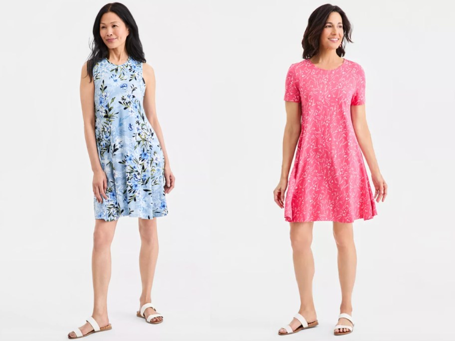 women in pink and blue floral dresses