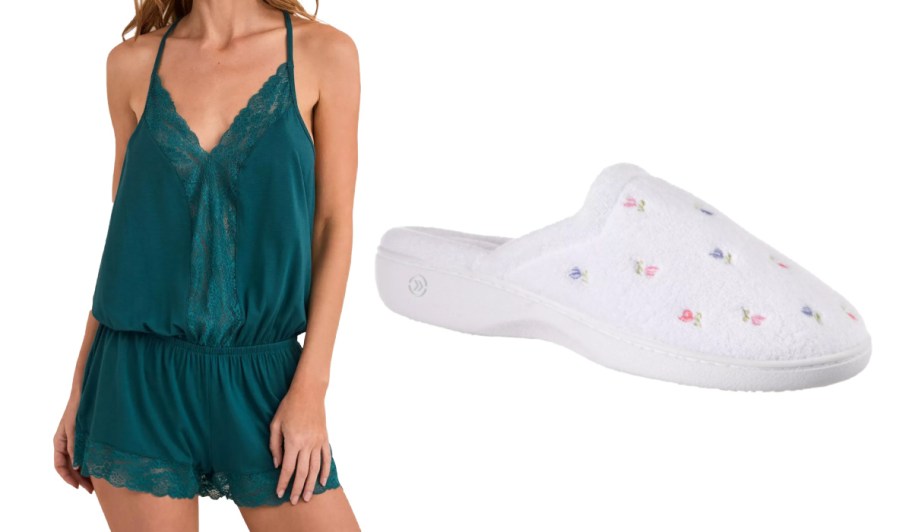 women in green sleep romper and white floral slipper