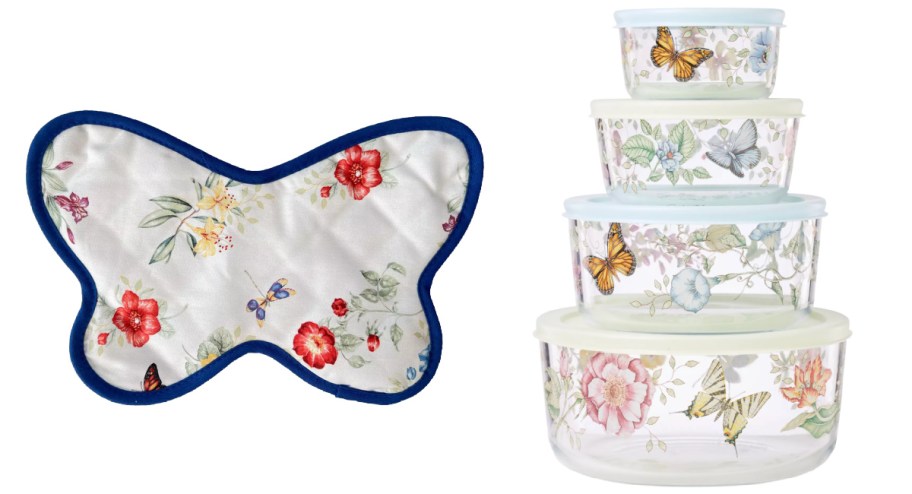 butterfly pot holder and stack of butterfly glass containers 