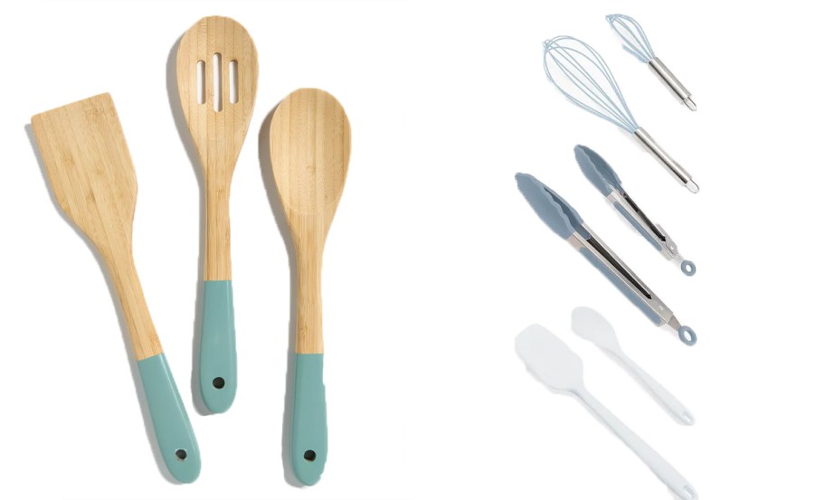 wood and teal utensil sets 