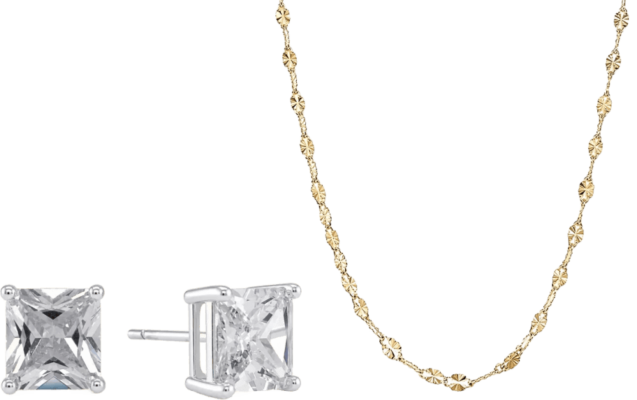earrings and gold necklace