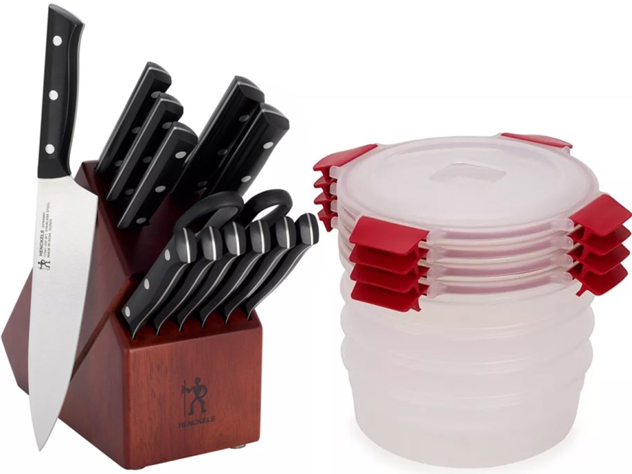 brown knife block set and white and red round storage set