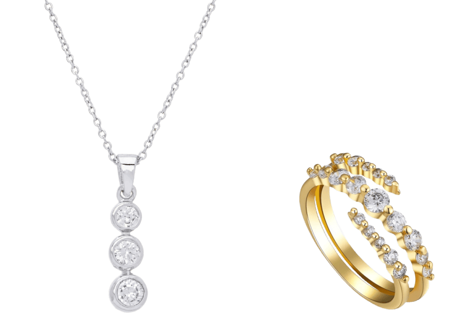 silver necklace and gold ring