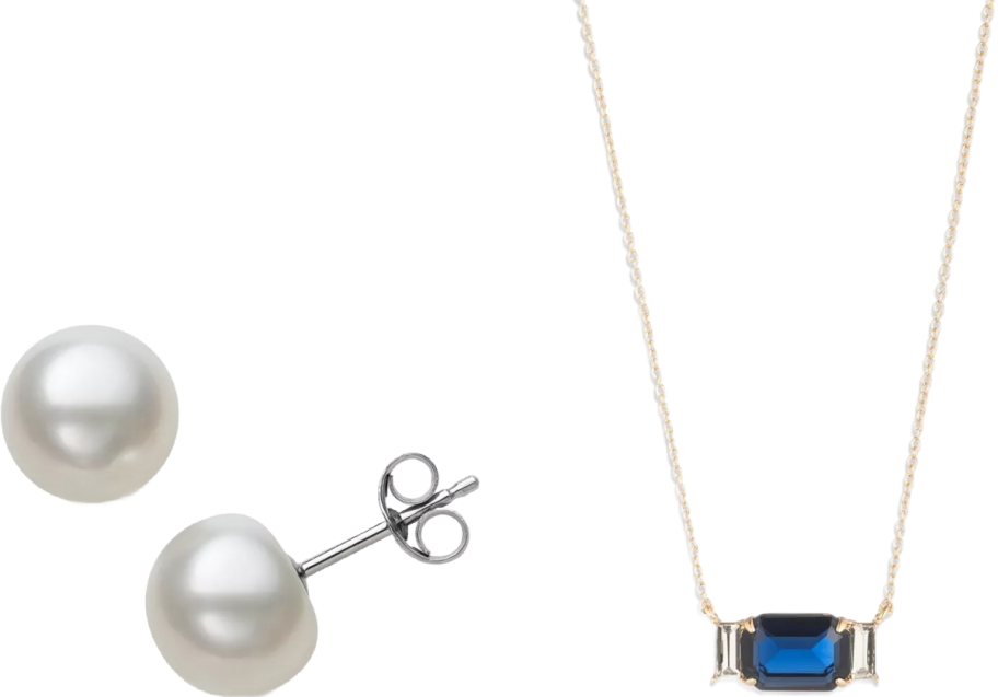 pearl earrings and blue necklace