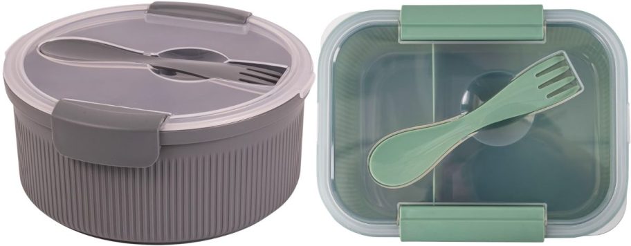 rectangle green bento food box and a round gray bento food storage box