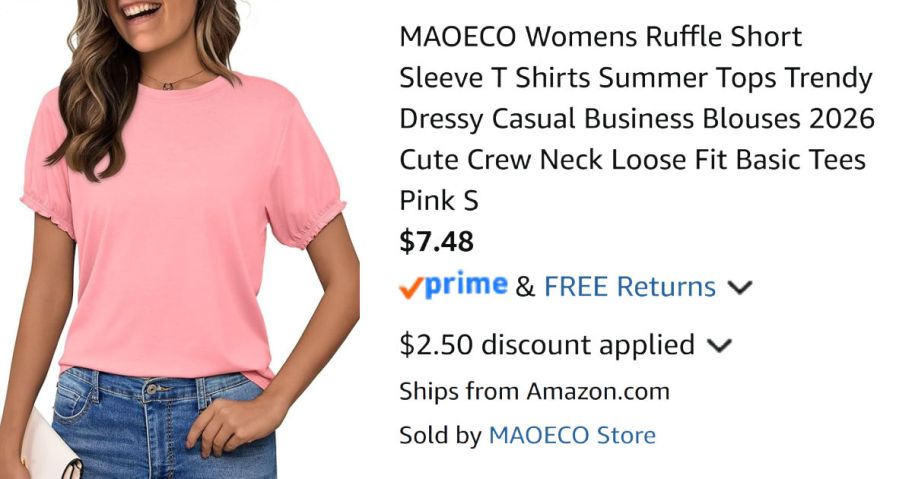 woman wearing pink shirt next to Amazon pricing information