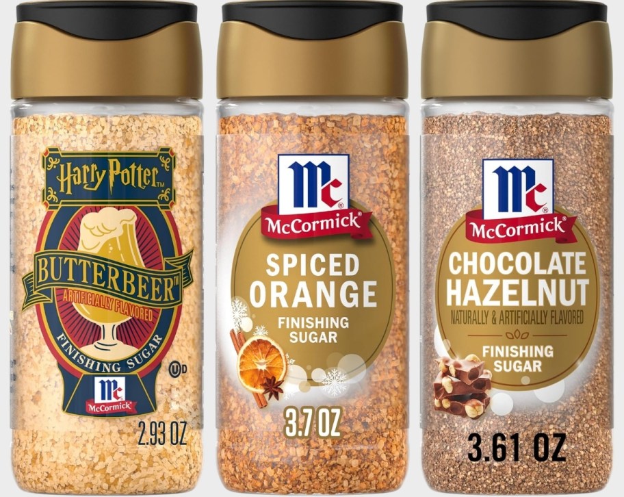 three bottles of mccormick finishing sugars