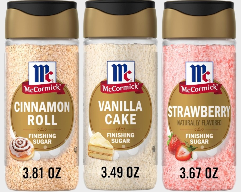 three bottles of mccormick finishing sugars