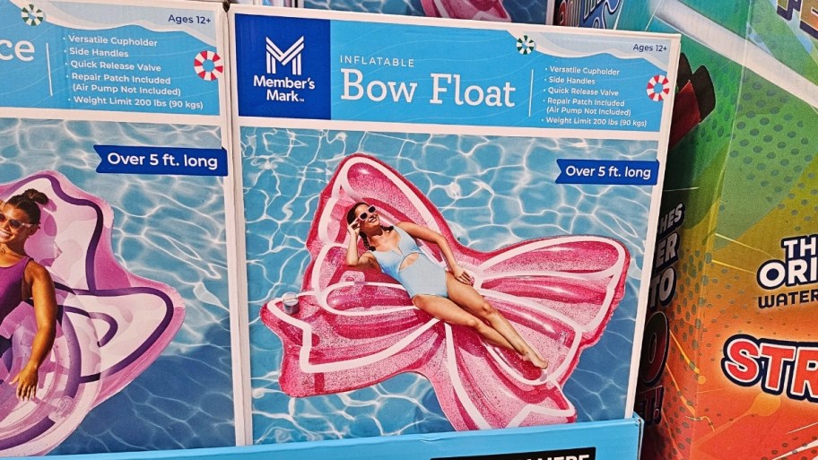 a bow shaped pool float in a box on a store shelf