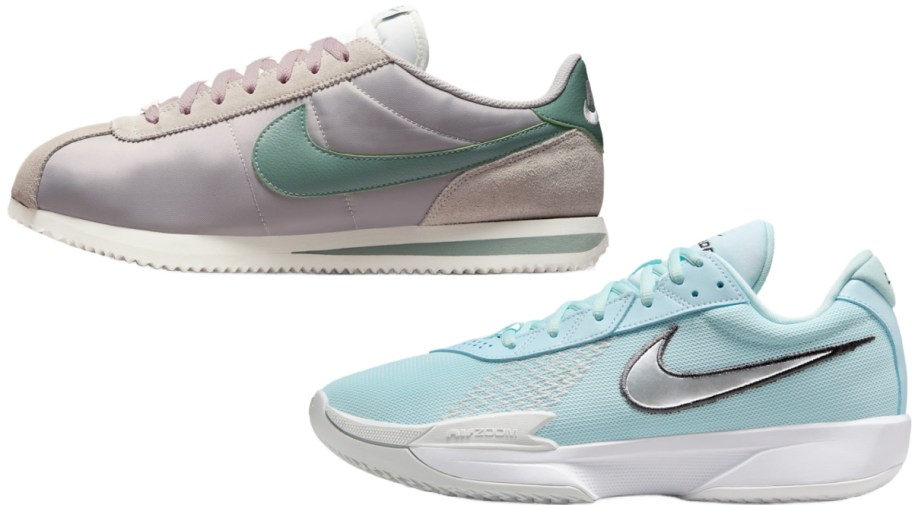 Two Nike sneakers: the top is a retro style with pastel purple, green, and beige tones; the bottom is a modern design in light blue with a black swoosh.