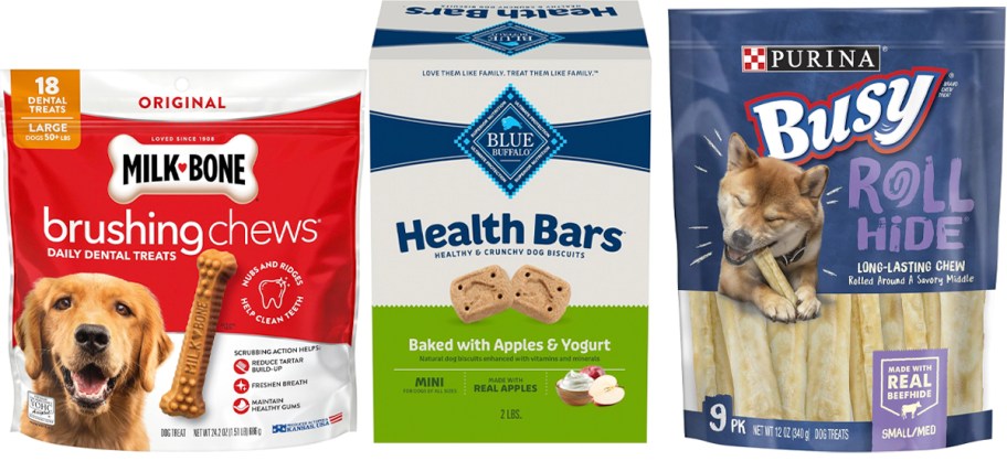 milk bone, blue buffalo and purina dog treats 
