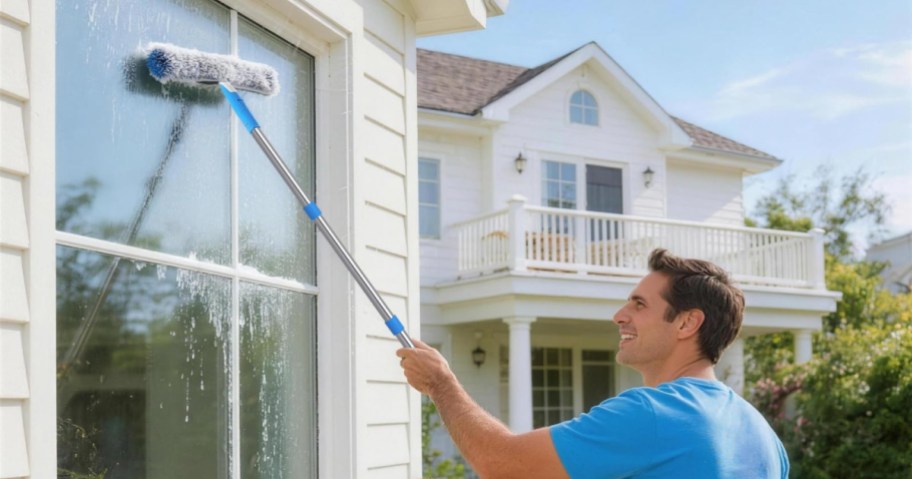 A man in a blue shirt smiles while cleaning a large window with a window cleaning tool, in front of a white house with a balcony under a clear, sunny sky.