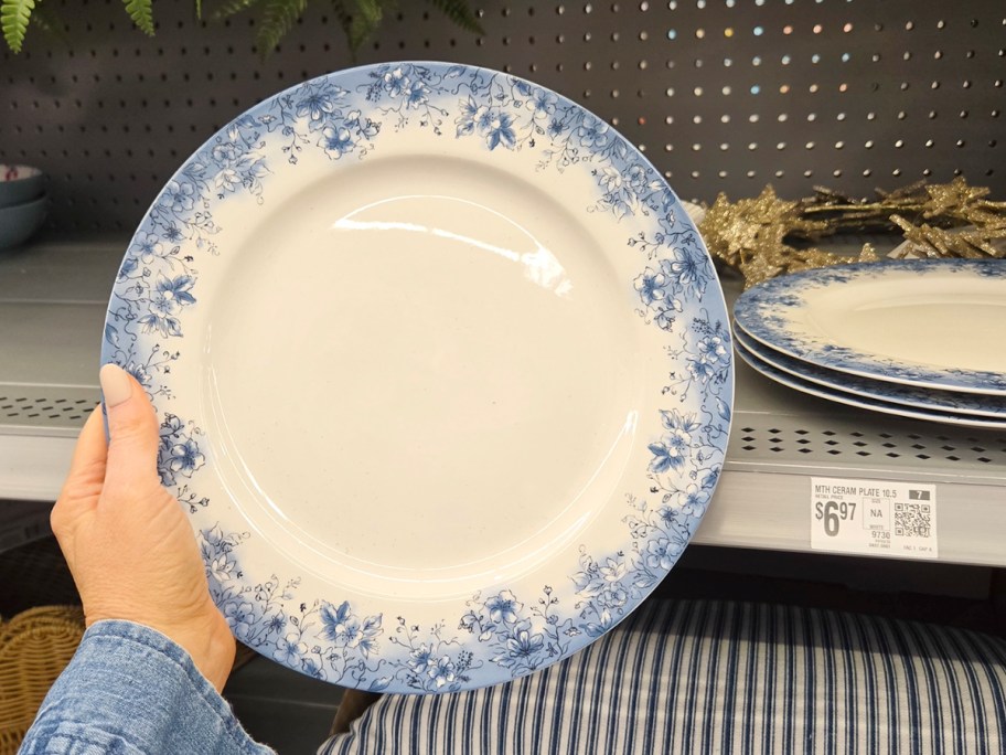 hand holding blue and white floral plate 