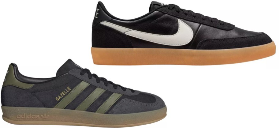 Two sneakers against a white background; a black Nike shoe with a white swoosh and a light gum sole on top, and a dark grey Adidas Gazelle sneaker with olive green stripes and a darker gum sole on the bottom.