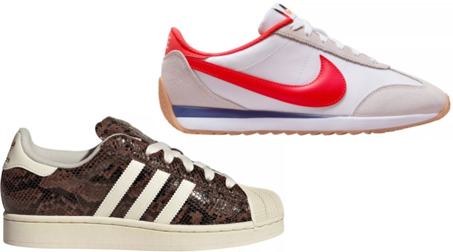 Two sneakers against a white background; a white Nike sneaker with a bright red swoosh and grey suede details on top, and a brown snakeskin-patterned Adidas sneaker with cream stripes and a shell toe on the bottom.