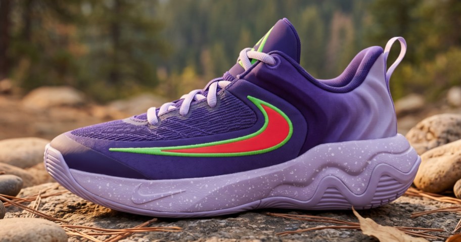 A dark purple Nike sneaker with a red and green swoosh and a light purple speckled sole, resting on a rocky outdoor surface with a blurred natural background.