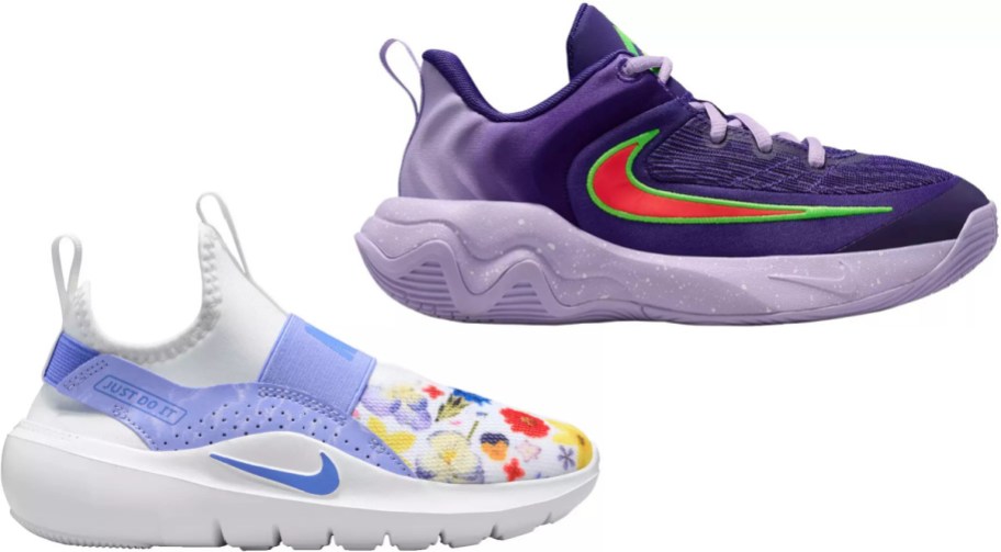 Two Nike kids' sneakers against a white background; a dark purple shoe with a red and green swoosh on the top right, and a white slip-on shoe featuring a colorful floral toe and a light purple strap on the bottom left.