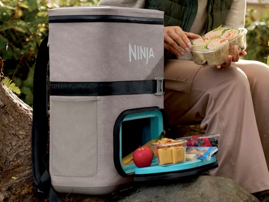 ninja backpack open with food inside