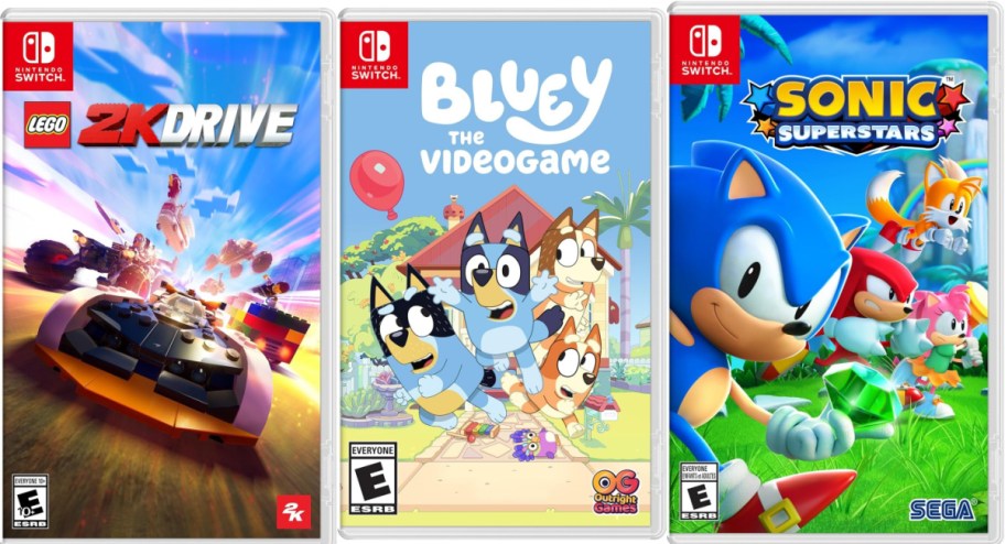 Three Nintendo Switch game covers: "Lego 2K Drive" with a speeding race car, "Bluey the Videogame" featuring cartoon dogs in a playful scene, and "Sonic Superstars" showcasing Sonic and friends running.