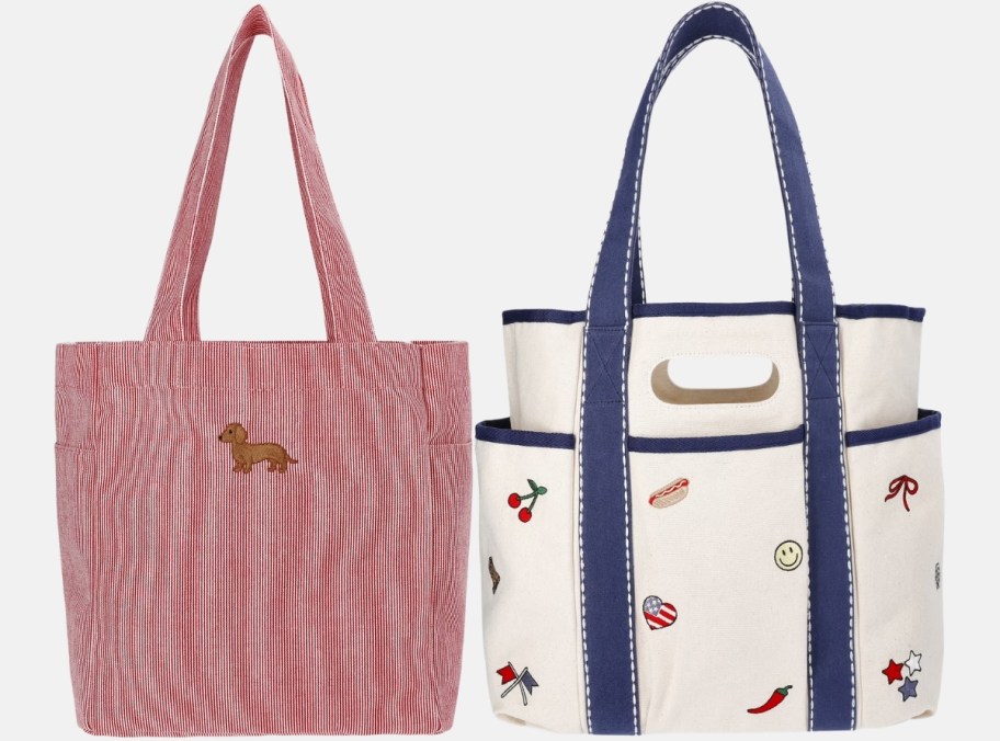 a red & white striped tote shown with a white and blue canvas tote