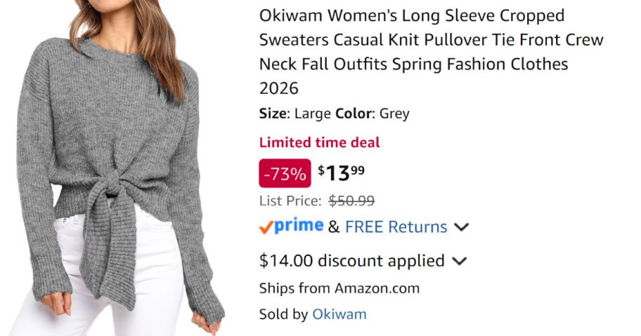 woman wearing gray sweater next to Amazon pricing information