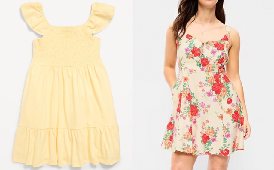 yellow girls dress and woman wearing floral dress