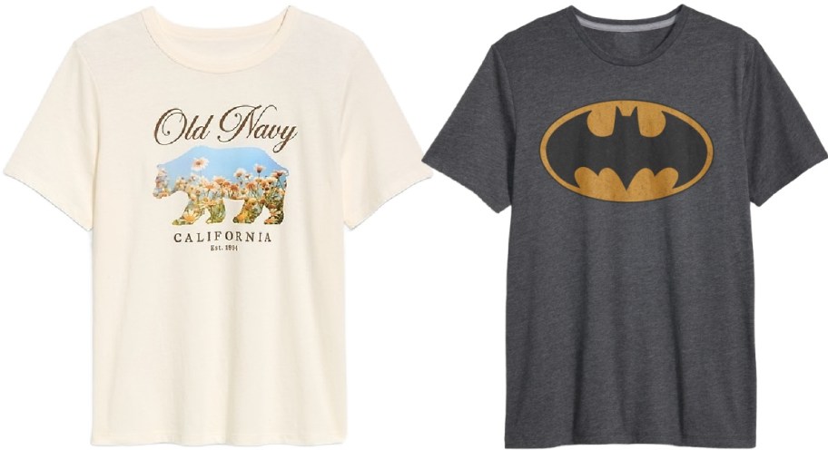 Two T-shirts are displayed. The left is cream-colored with "Old Navy" and a floral bear design. The right is dark gray with a Batman logo.
