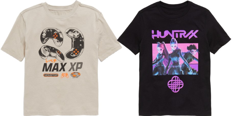 Two T-shirts are displayed. The beige one features game controllers and "MAX XP" text. The black shirt has a vibrant design with "HUNTRX" and futuristic characters.