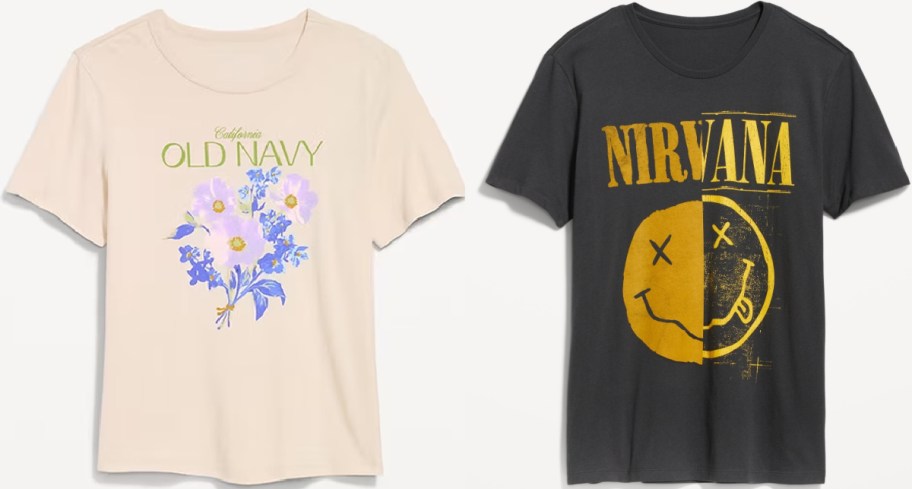 Two T-shirts are displayed: a beige one with floral design and "Old Navy" text, and a black one with a yellow smiley face and "Nirvana" text.