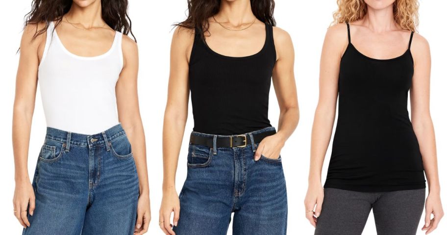 three women wearing old navy women's tank tops
