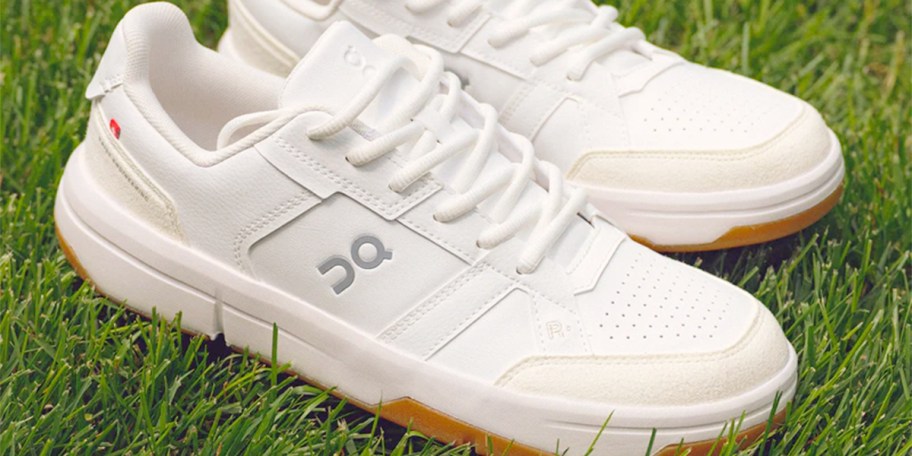 pair of white on running shoes 