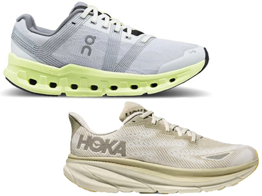 blue and tan on running and tan shoes 