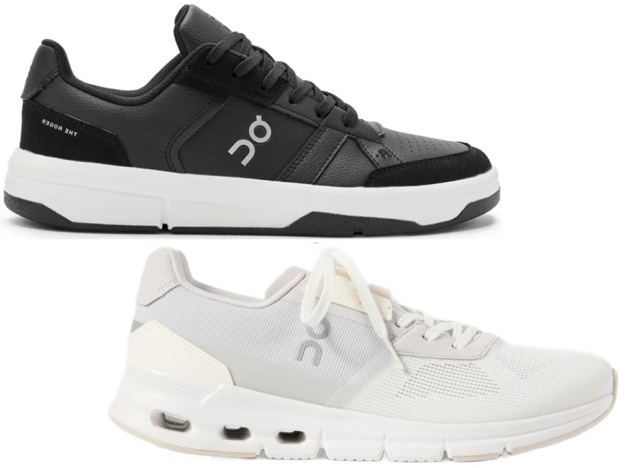Two sneakers are shown: the top sneaker is black with a white sole, and the bottom sneaker is white with a white sole.