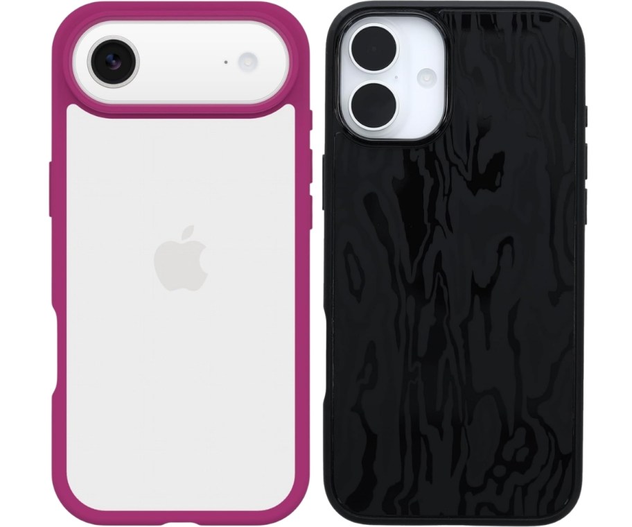 clear case with pink edging and a black case with a woodgrain finish
