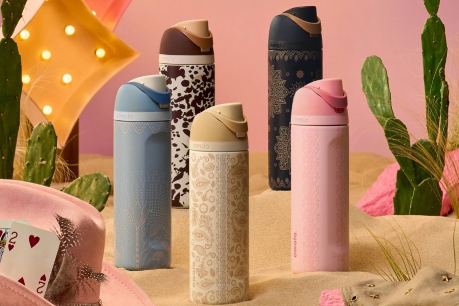 western printed water bottles on display