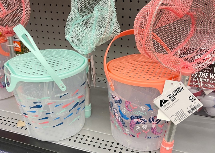 teal and orange kids bait buckets and nets 