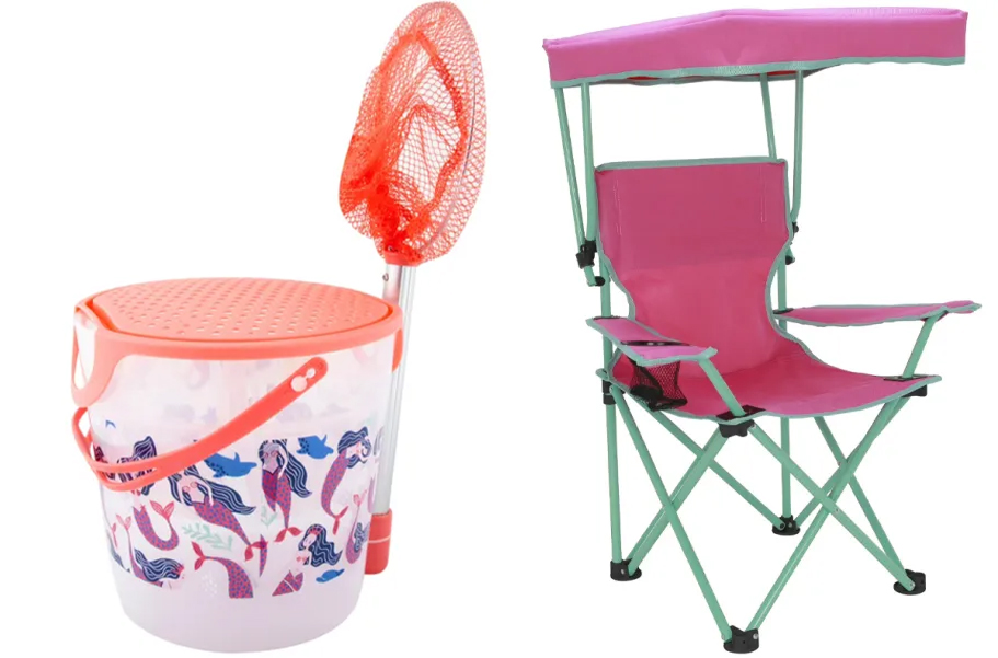 mermaid bucket and pink chair 