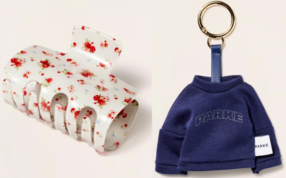 white floral claw clip and sweater keychain 