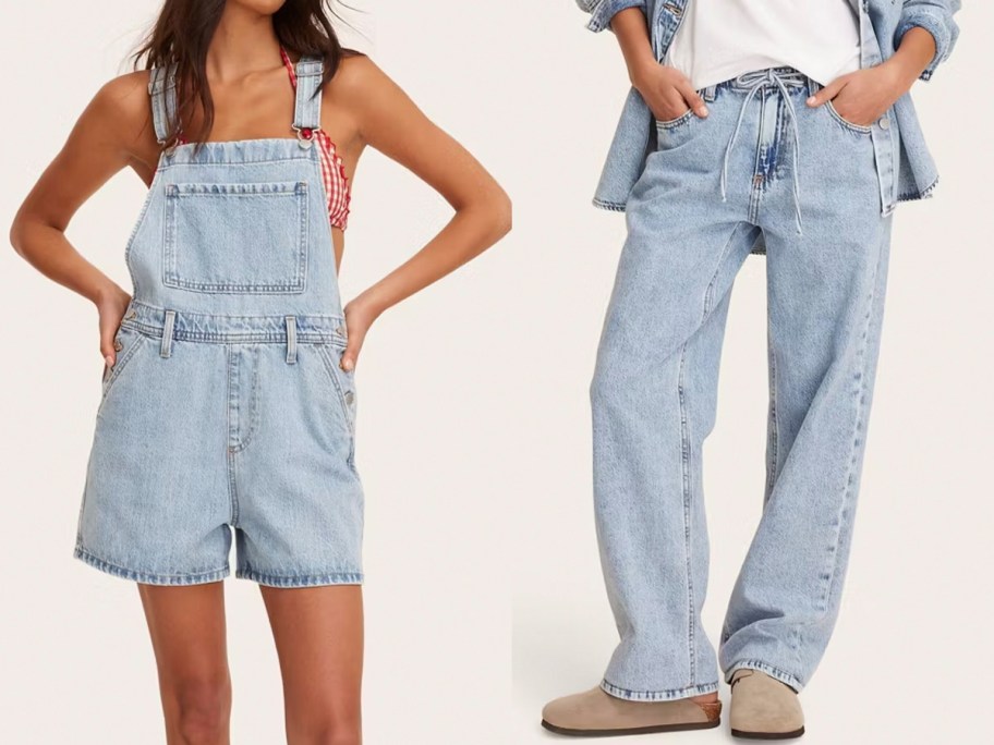 woman in overalls and blue jeans 