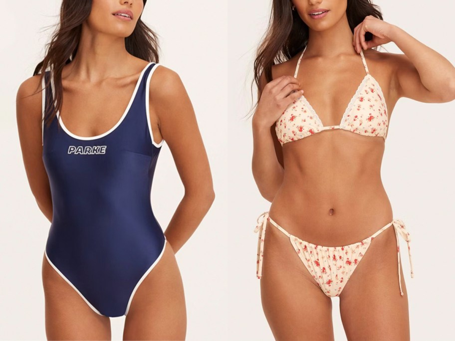 women wearing blue and and white swimsuits 