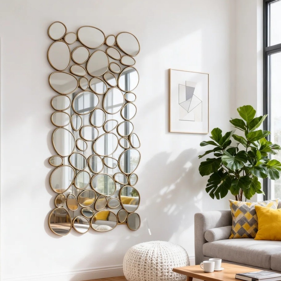 pebble mirror on a wall next to a sofa