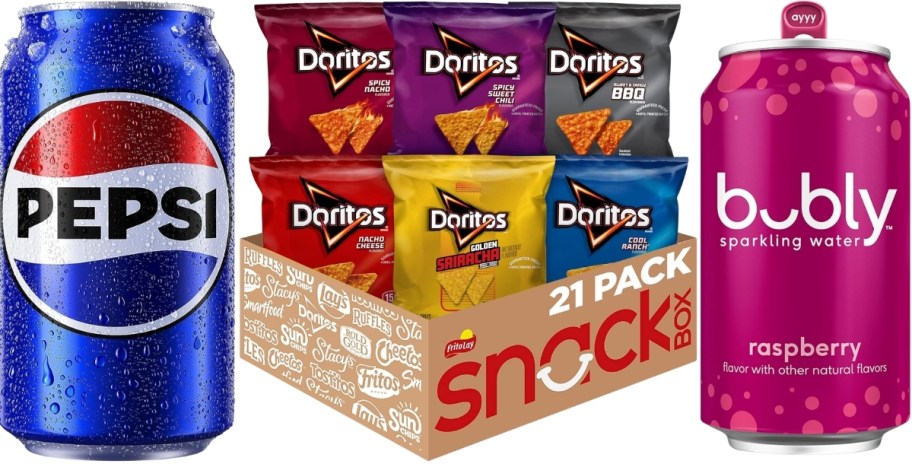 a can of pepsi cola, a doritos variety pack and a can of bubly