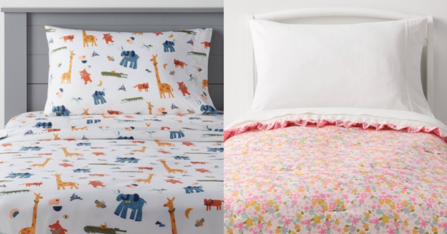 a bed with kids animal sheets and a bed with a kids pink floral comforter