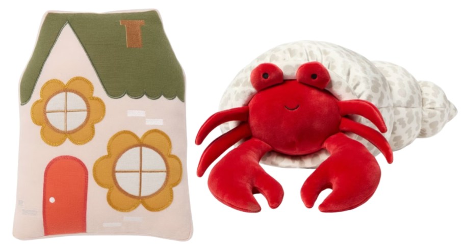 a house shaped kids pillow and a crab weighted plush pillow