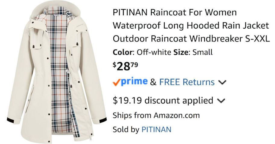 off-white rain jacket next to Amazon pricing information